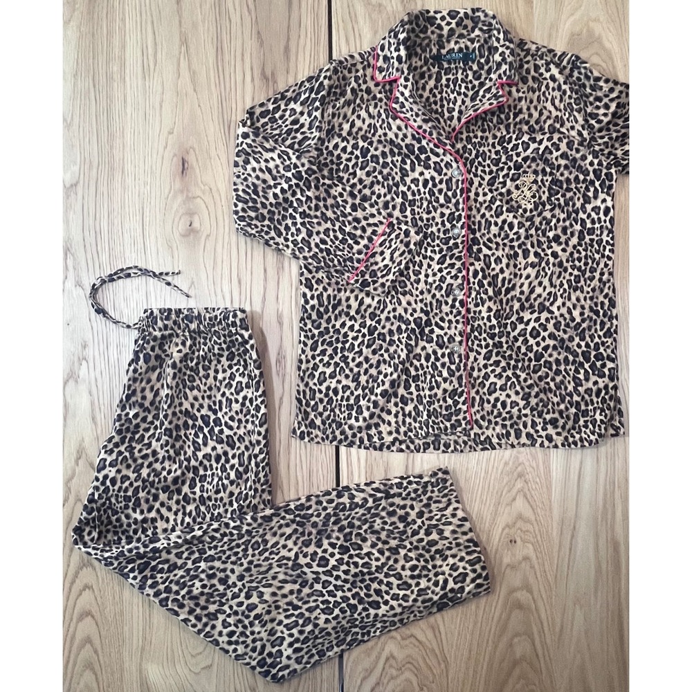 Lauren Ralph Lauren Pajama Set Women Size M Brown Leopard Print Classic Sleep